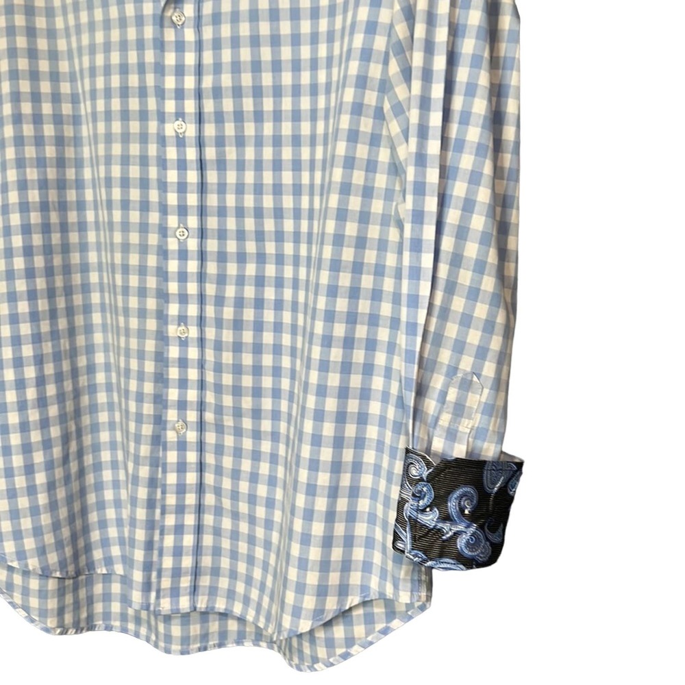 Christian Aujard Blue Check pattern Casual Long Sleeve Shirt Paisley Trim - Picture 6 of 6